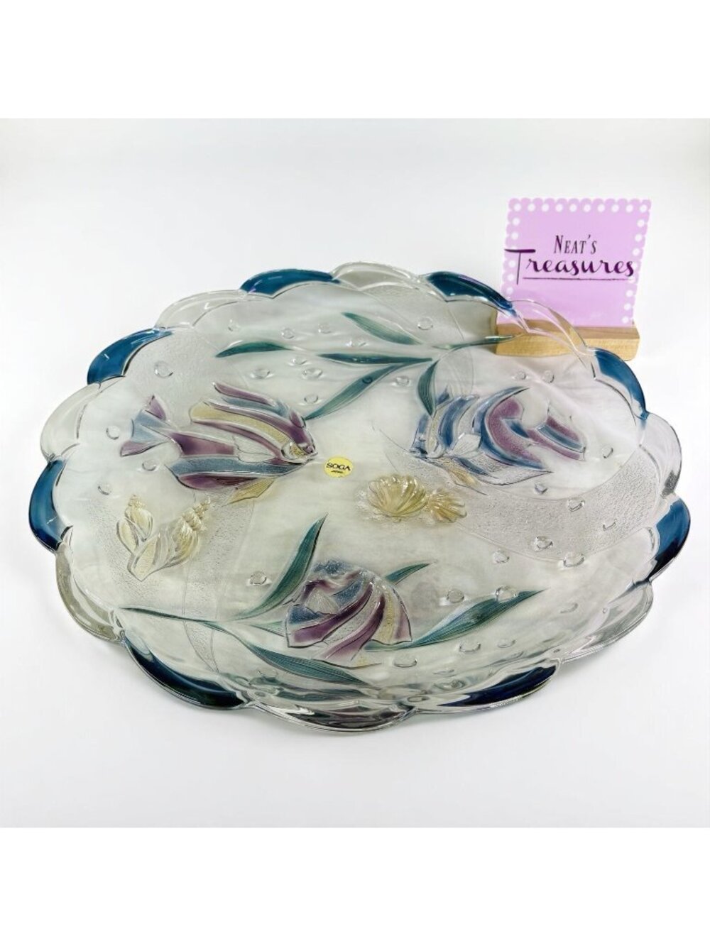 Soga OCEAN VEIW Large Art Glass Colored Angel Fish Shell Sea Life 15" Platter
